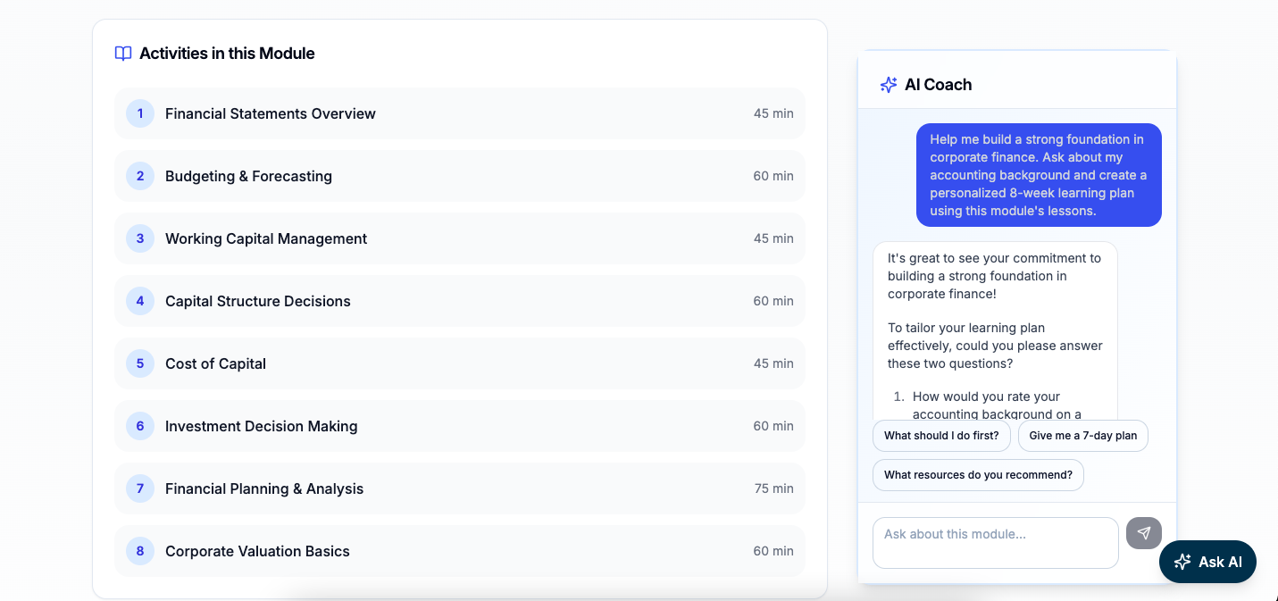 AI coaching interface and learning modules
